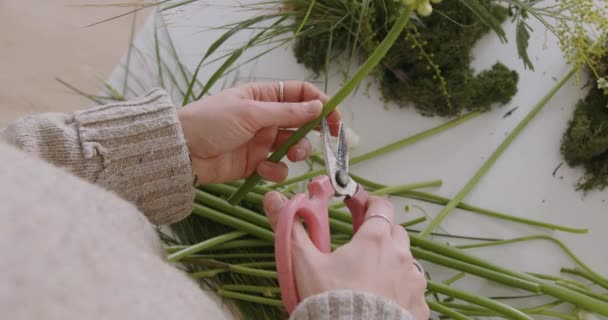 Frame Captures Intricacy Floral Craftsmanship Close Hands Deftly Trimming Stems — Stock Video