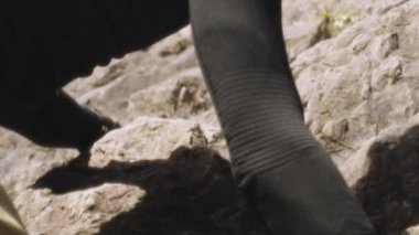 Bir dağcı, dikkatli bir hareketle, bu sinematik yavaş çekim videosunda dik bir kaya yüzeyinde yol alır. Geniş açı mercek, çevrenin büyüklüğünü ve dağcıların engebeli bölgelerle etkileşimini yakalar.