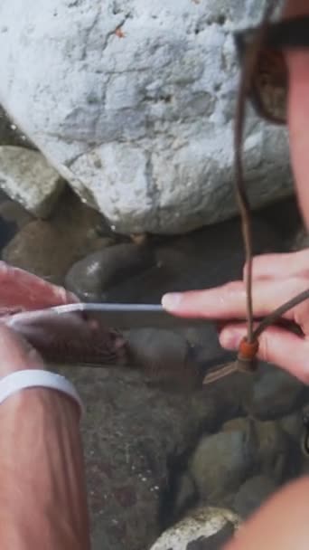Natürlichem Licht Betrachtet Ein Fischer Mit Hut Einen Kleinen Fisch — Stockvideo