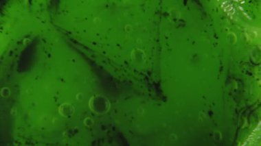 Bu soyut makro resim, küçük kabarcıklar ve siyah parçacıklarla dolu yeşil bir sıvıyı yakından inceleyerek dokulu ve organik bir bileşim oluşturuyor. Yeşilin değişik tonlarında.