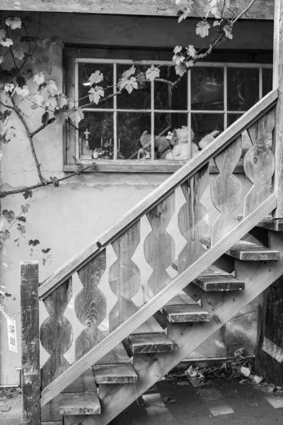 Régi Lépcsős Ösvény Korláttal Házhoz Vezető Úton Fénykép Fekete Fehérben — Stock Fotó