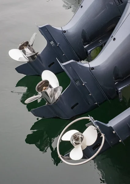 Close up of a Ship Propellers in water. A boat propellers at the marina. Motorboat propellers. Nobody, selective focus
