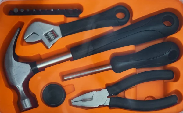 Nouvelle Boîte Outils Carrée Orange Vue Dessus Collection Nouveaux Outils — Photo