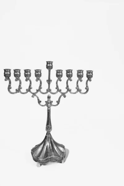 美丽的银光闪闪的薄荷叶白色背景上的古老仪式蜡烛薄荷花 带有复制空间的犹太假日横幅 — 图库照片