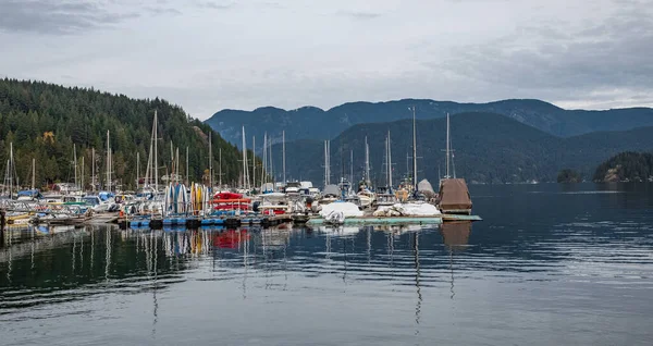 Luxury yachts docked in marina. Port in North Vancouver. Fashionable vacation. Sailboat harbor, many beautiful moored sail yachts in the sea port, modern water transport. Travel photo, nobody