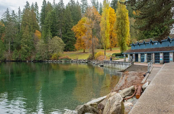 Grön Park Hösten Vid Sjön Parkera Hösten British Columbia North — Stockfoto