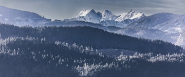 Dağ katmanları. Kış mevsiminde Smoky Layers Upon Layers. Görünür siluetlerle sabah sisinin içinden geçen dağ sırası