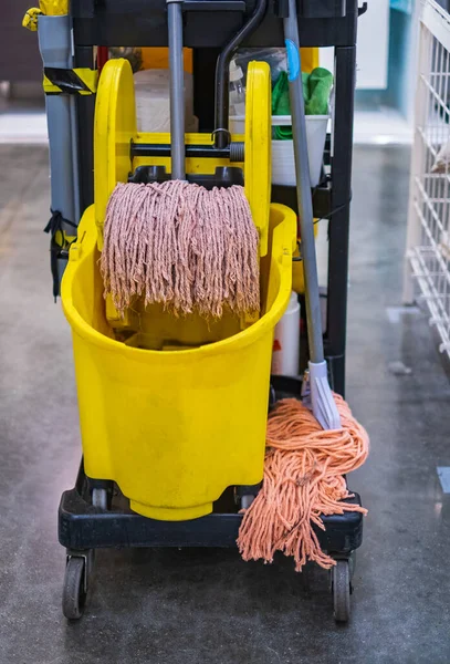 Daily Cleaning Equipment. Shopping mall cleaning equipment. Cleaning tools. Nobody, selective focus