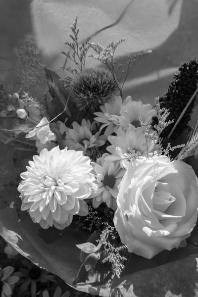 Black and white flowers, variety of flowers in bouquet. Rose and Peonies in black and white color. Nobody, selective focus