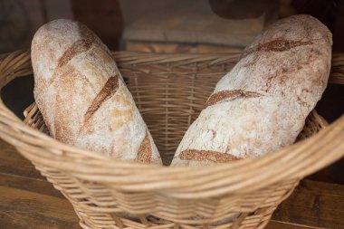 Homemade bread, small bakery, natural farm products, domestic production. Healthy and tasty organic food. Basket with various bread freshly baked. Traditional fresh baked bread in a basket