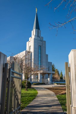 Modern architecture granite church building. Vancouver British Columbia Temple located at Langley BC, Canada-January 30,2023. Street photo, selective focus