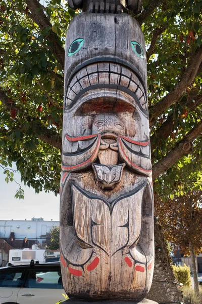 Detail of totem pole at tourist travel attraction in Duncan city. An old totem pole. Nobody, street photo, selective focus