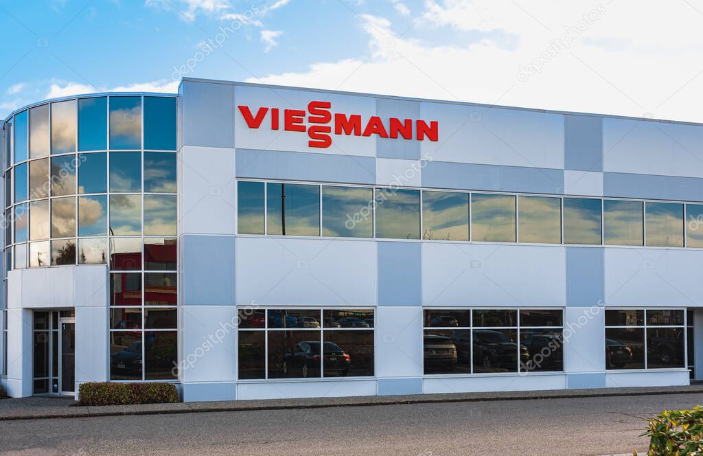 Viessmann logo in Langley BC Canada Viessmann is an international manufacturer of heating, industrial and refrigeration systems. Street photo, nobody-February 11,2023