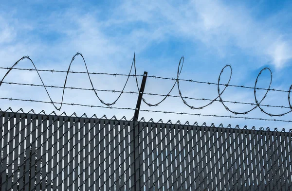 Security with a barbed wire fence. barbed wire steel wall against the immigations with blue sky on the background. street photo, nobody, copy space for text