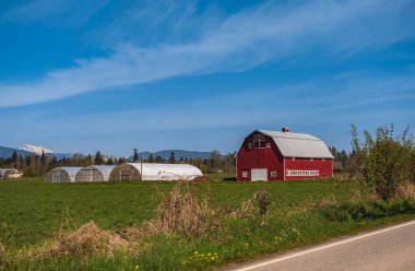 Agriculture Landscape With Old Red Barn and blue sky. Countryside landscape. Farm, red barn. Rural scenery, farmland in Canada. Travel photo, nobody, copyspace for text clipart