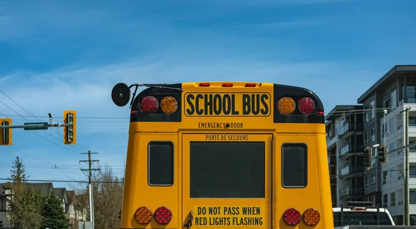 stock image School Bus on urban street road in the morning. School bus driving along suburban street Vancouver Canada-April 28,2023. Street photo, copyspace for text. School bus transport back door view on route