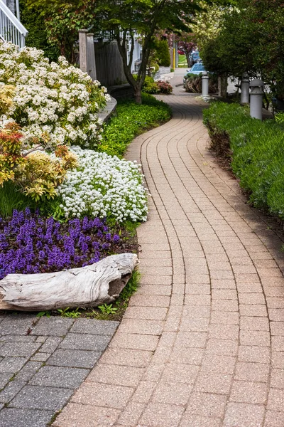美丽的夏季花园 有一条小径蜿蜒穿过 穿过花园的小路 街上的照片 — 图库照片