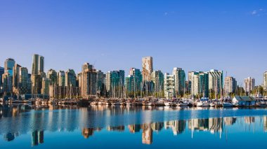 Coal Harbour 'daki limanın manzarası. Suda tekneler var. Bir yaz boyunca Kanada 'nın Vancouver şehrinde. Seyahat fotoğrafı, hiç kimse, metin için kopyalanma alanı