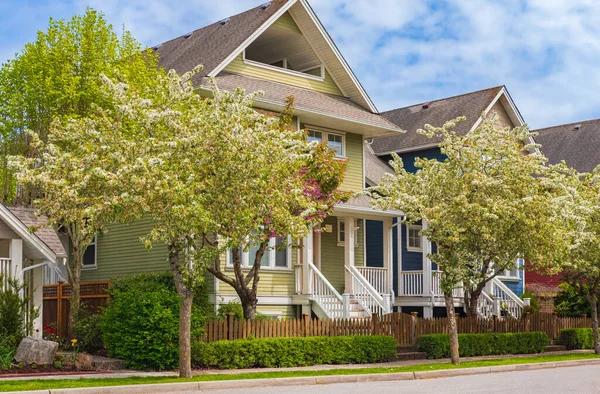 A perfect neighborhood. Houses in suburb at Spring in the north America. Real Estate Exterior Front Houses on sunny day. Big custom houses with nicely landscaped front yard-British Columbia Canada