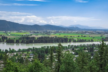 View of the Fraser Valley near Abbotsford BC. Summer in the Fraser Valley. Canadian homestead. Rural agricultural land. The Frazier River is an important salmon habitat for the lower mainland of BC
