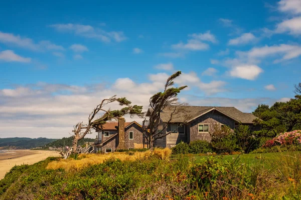 Frontansicht Des Hauses Strand Der Pazifikküste Den Usa Immobilien Mit — Stockfoto