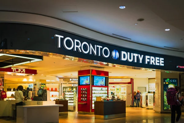 stock image Duty Free Shop in Toronto Pearson International airport Canada. Duty free shops are retail outlets that are exempt from the payment of national taxes and duties. Duty free products. June 17,2023