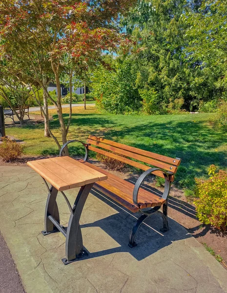 Place in the park for picnic and relaxation. Wooden seat in a city park. Picnic in the park. Rest in the open area. Wooden picnic table and seats. Wooden benches on cement floor at park. Mobile photo