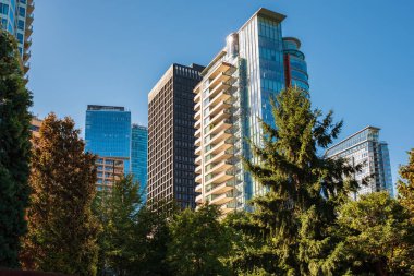 Kanada 'nın merkezindeki modern apartman binaları. Blue Sky 'a Karşı Yüksek Binalar. Modern bir şehrin soyut mimarisi. Vancouver City finans bölgesi - 1.2023