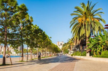 Saranda 'da avuç içleri olan muhteşem bir yaz manzarası. Arnavutluk, Avrupa 'nın çekici sabah manzarası. Yaz manzarası. Seyahat konsepti geçmişi. Hurma ağaçları setin üzerinde, masmavi bir gökyüzü...