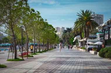 Saranda 'da palmiyeli bir ara sokak Arnavutluk' un Avrupa sahilinde gezinti yolu. Yaz manzarası. Seyahat konsepti geçmişi. Toprağın üzerinde mavi gökyüzü olan hurma ağaçları. Ekim-29, 2023