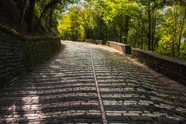 Dağ ormanlarının arka planında kaldırım taşı yolu. Avrupa 'nın eski kentinde Granit yol. Gri taş yol yüzeyi, kaldırımlı yol, kaldırımlı arka plan. Şehirdeki eski taş kaldırımların dokusu