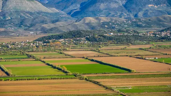 Amazing view of mountain and fields in Albania. Alps in Saranda Albania. farming agriculture fields. Organic Travel concept