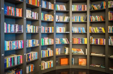 Kitap rafı arka planı. Yuvarlak kitap rafı. Kitap arkaplanlı kitap rafı, kütüphane eğitimi. Renkli tam kitap rafı.