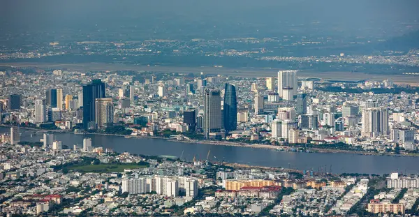 stock image Da Nang city centre skyline aerial panoramic view. Danang is the fourth largest city in Vietnam. Down town Da Nang with hotels and restaurants for tourists. Daylight city scape.