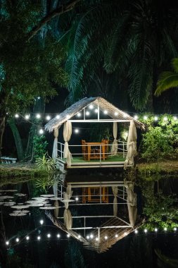 Suyun kenarında parlayan ışıkları olan bir Pergola. Gece geç saatlerde göl kenarında ışıkları olan bir çardak. Alacakaranlıkta romantik bir sahne. Akşamları avlu romantizmi. Gece çardağı, gece pavyon bahçesi.