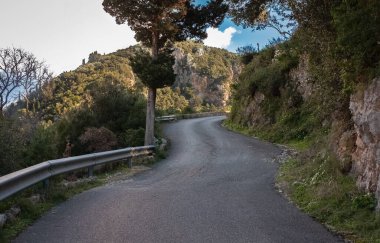 Atlarda asfalt yol. Dağlara giden yol. Alpen Yolu. Kırsal Avrupa 'da dağ manzaralı boş bir yol. Seyahat fotoğrafı, hiç kimse, metin için alanı kopyala