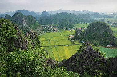 Ngo Dong dağlarının Ninh Binh Vietnam 'daki Trang An UNESCO Dünya Mirası sahasının havadan görünüşü. Binh Minh, Vinh Long ilinin bir ilçesidir. Yeşil vadi. Uzayı kopyala, seyahat fotoğrafı