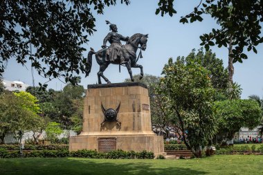 Monument in Mumbai of Shiva Chhatrapati Shri Shivaji Maharaj on the horse. A statue of the Indian national hero known as Shiva. Chhatrapati Shri Shivaji Maharaj-Travel photo, editorial-Mat 23,2024 clipart