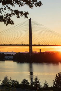 Port Mann Köprüsü. Gün batımında Fraser Nehri üzerindeki Port Mann Köprüsü. Vancouver, BC, Kanada. Fraser nehrinin üzerindeki Trans-Canada otoyolu üzerindeki Port Mann Köprüsü 'nde kablolu yayın. Köprüler ve yapılar.