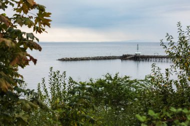 Denizin üzerinde beyaz kaya köprüsü, BC, Kanada. White Rock, South Surrey 'deki eski ahşap asma köprü, seyahat fotoğrafı..