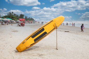 Kuzey Goa 'daki Arambol plajı manzarası. Palmiye ağaçlı Arambol plajı, Hint ve yabancı turistli plaj şemsiyeleri. Nort Goa 'nın popüler turistik merkezi. Seyahat fotoğrafı, uzayı kopyala. 7 Eylül 2024