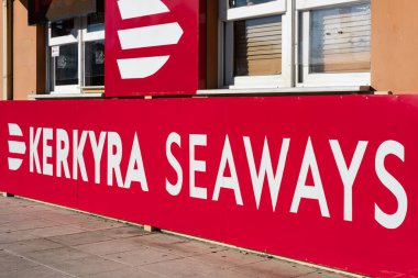 Kerkyra Seaways Office in the port of Corfu. Facade of a Kerkura Seaways building for buying tickets in Corfu Greece. Travel photo, street view, nobody-Jan 12,2024 clipart