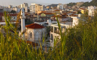 Vlore Albania ariel view of the city with mosque in the middle. city view. City with houses and modern buildings. Travel concept, nobody clipart