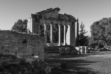 Agonothetic Anıtı 'nın Tympanum' u, Arnavutluk 'un Apollonia kentinin bir parçası. Antik Apollonia Arnavutluk kenti. Apollonia Arkeoloji Bölgesi. Seyahat fotoğrafı, siyah beyaz fotoğraf.