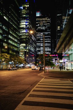 Gece şehir hayatının şehir sokakları. Night City Street Binası Toronto Ontario şehir merkezi, Kanada. Finans Bölgesi Şehir Gökdelenleri geceleri. Seyahat fotoğrafı, editör - 15 Temmuz 2023
