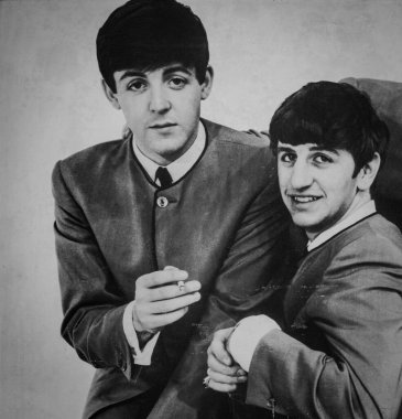 Vintage photo Portrait of The Beatles musical band group. Old textured vintage black and white photograph 1960s-70s. The Beatles' photo on the wall of restaurant Phuket Thailand-July 24,2024-Editorial clipart