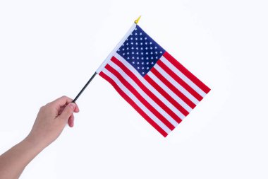 Amerika ulusal bayrak el ikonu. El ele tutuşan Amerikan bayrağı beyaz arka planda izole edilmiş. 4 Temmuz Vatanseverlik Günü. Bağımsızlık Günü. Hiç kimse, metin için boşluk kopyala.