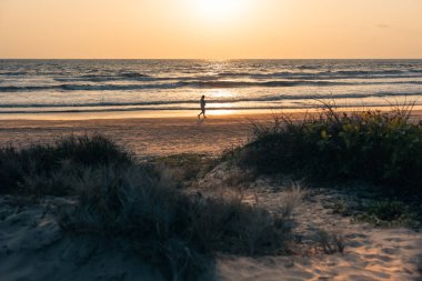 Gün batımında kumlu bir sahilde yürüyen genç adam. Kumsalda çıplak ayakla yürüyen bir turist. Sırt çantası ve güneş gözlükleriyle. Seyahat fotoğrafı, kopyalama uzayı, Goa Hindistan Mayıs-8.2025
