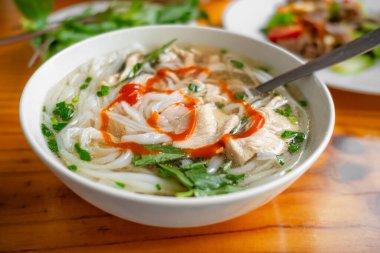 Erişteli Pho çorbası ve tavuk eti, taze sebzeler, bir tabakta, Vietnam mutfağı, ev yapımı yemekler, masada. Asya erişte çorbası. Hiç kimse, üst görüş, kapat.