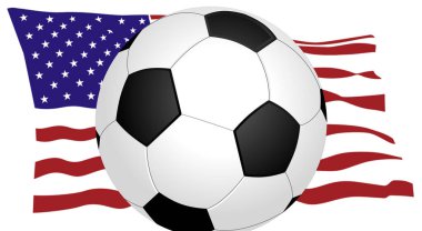 Amerikan bayrağıyla izole edilmiş bir futbol topu. Dünya kupası şampiyonluğu. Fotokopi alanı, siyah beyaz futbol, hiç kimse, Amerikan bayrağı